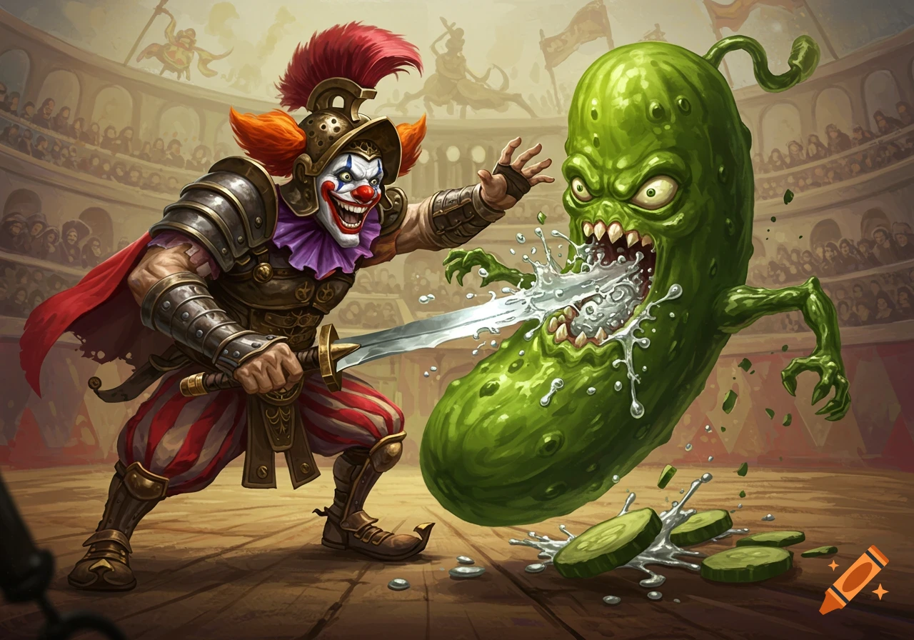 A clown gladiator battles a splashing pickle monster in a Roman arena, digital art.