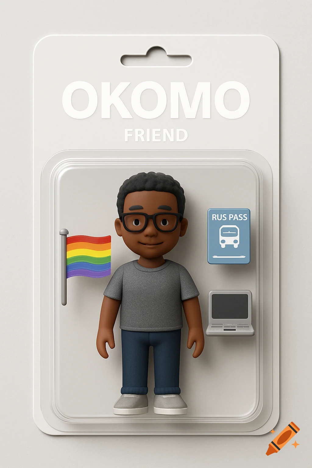 3D action figure in packaging with a pride flag, bus pass, and laptop.