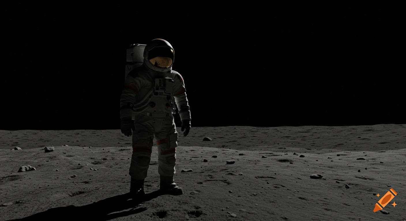 An astronaut stands alone on the moon surface in dramatic lighting.