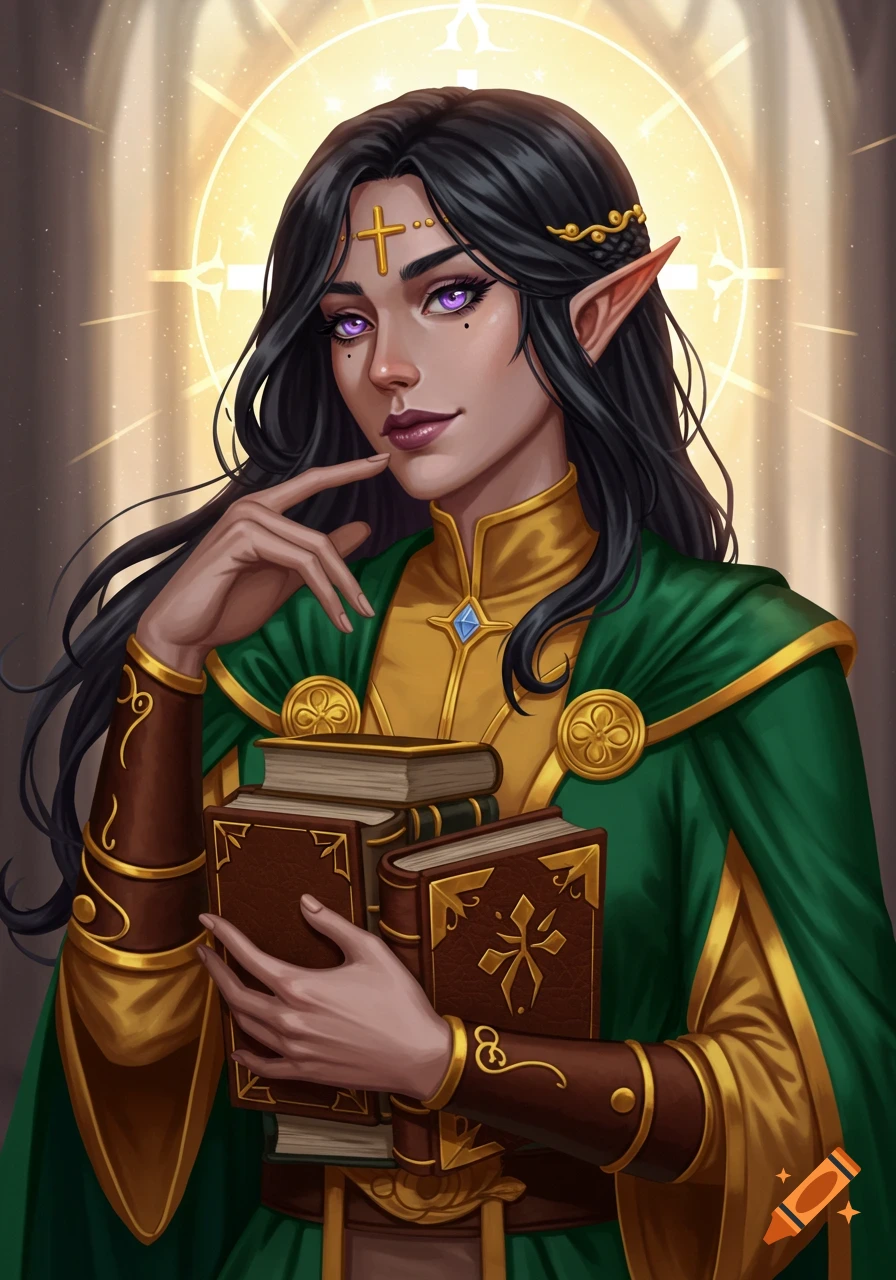 Fantasy portrait of an elf-like woman with black hair and purple eyes, wearing green and gold, holding books, with a cross on her forehead and a halo.