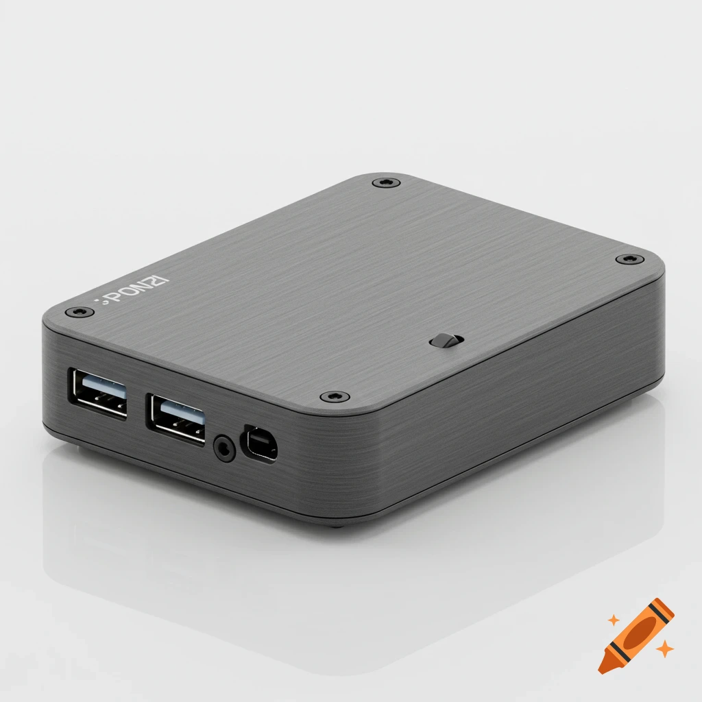 A small grey hardware device with two USB ports and a rocker switch on a white background.