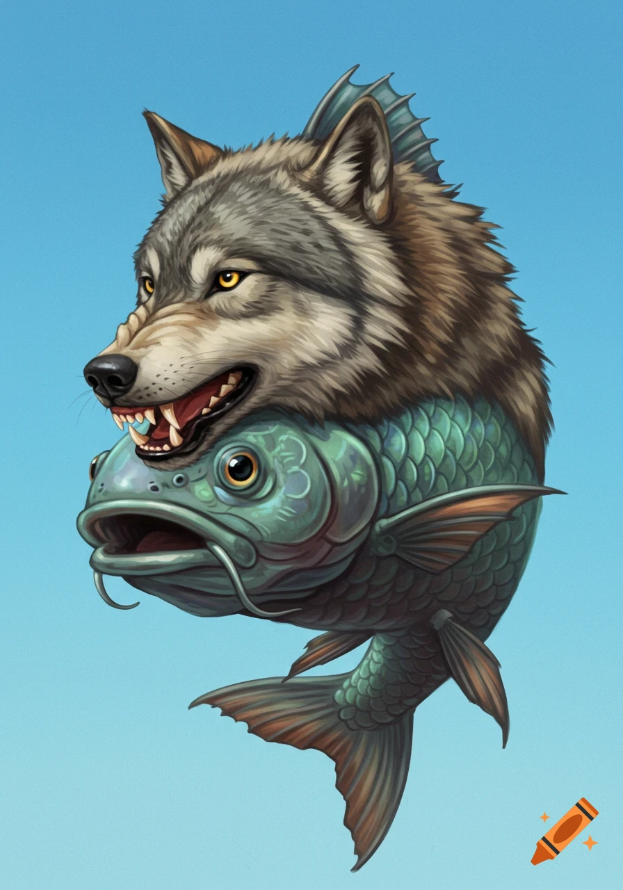 Illustration of a creature with a wolf head and fish body against a blue background.