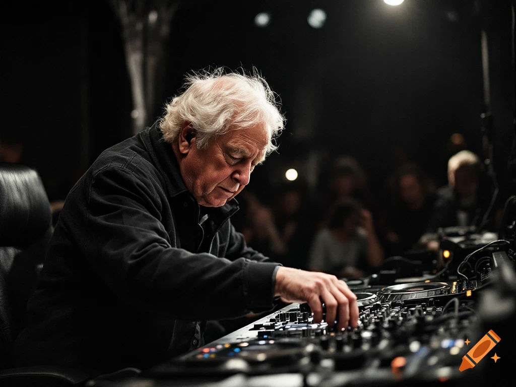 Older man with white hair DJing on turntables in a dimly lit club