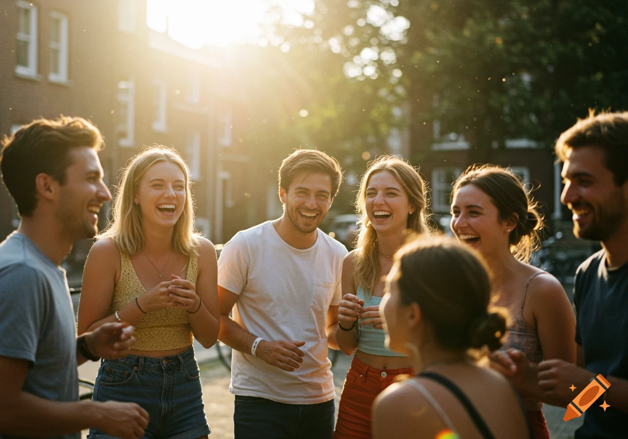 A group of young friends laugh together outdoors in warm sunlight.
