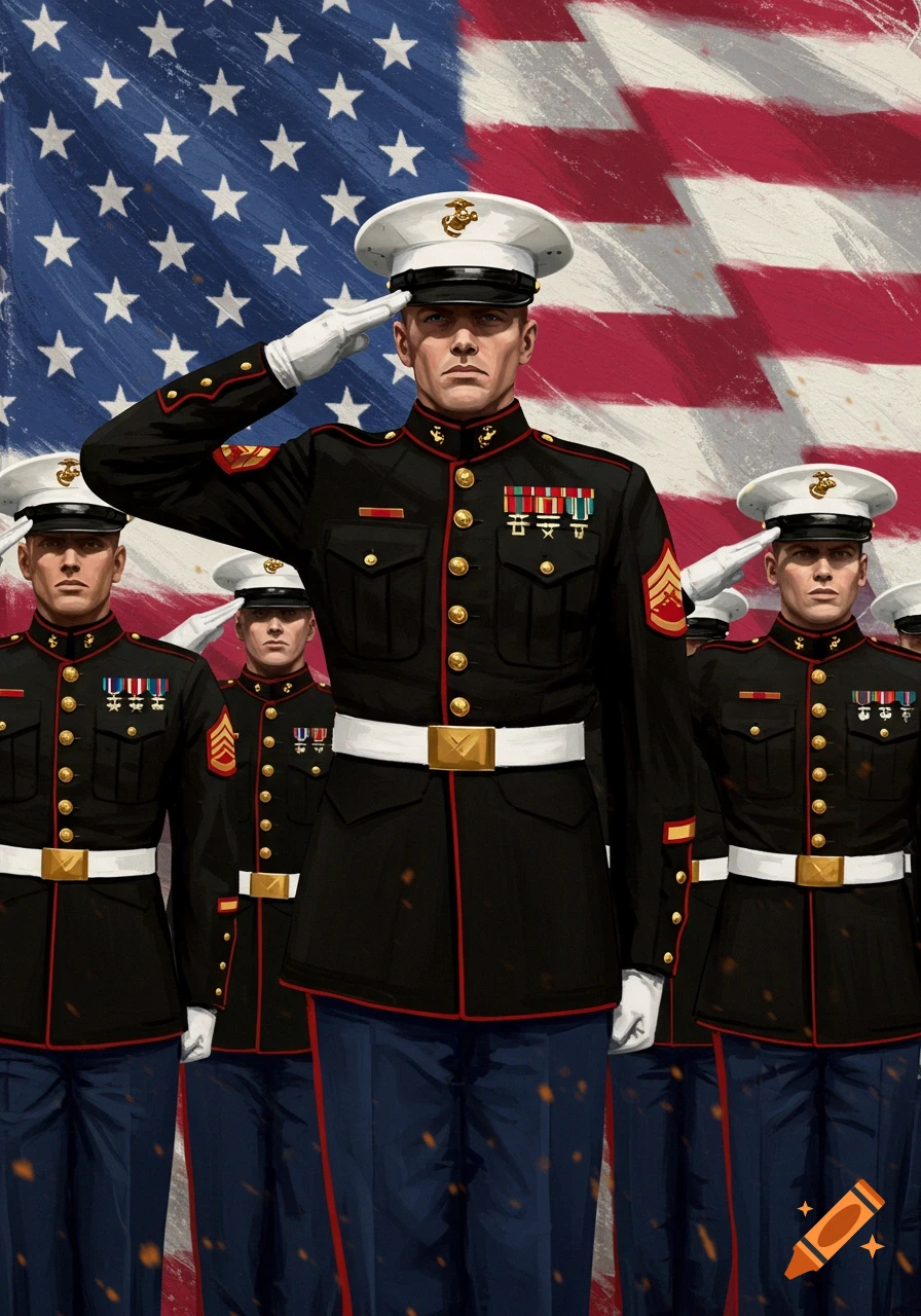 US Marines in dress blues saluting in front of an American flag, illustration style.