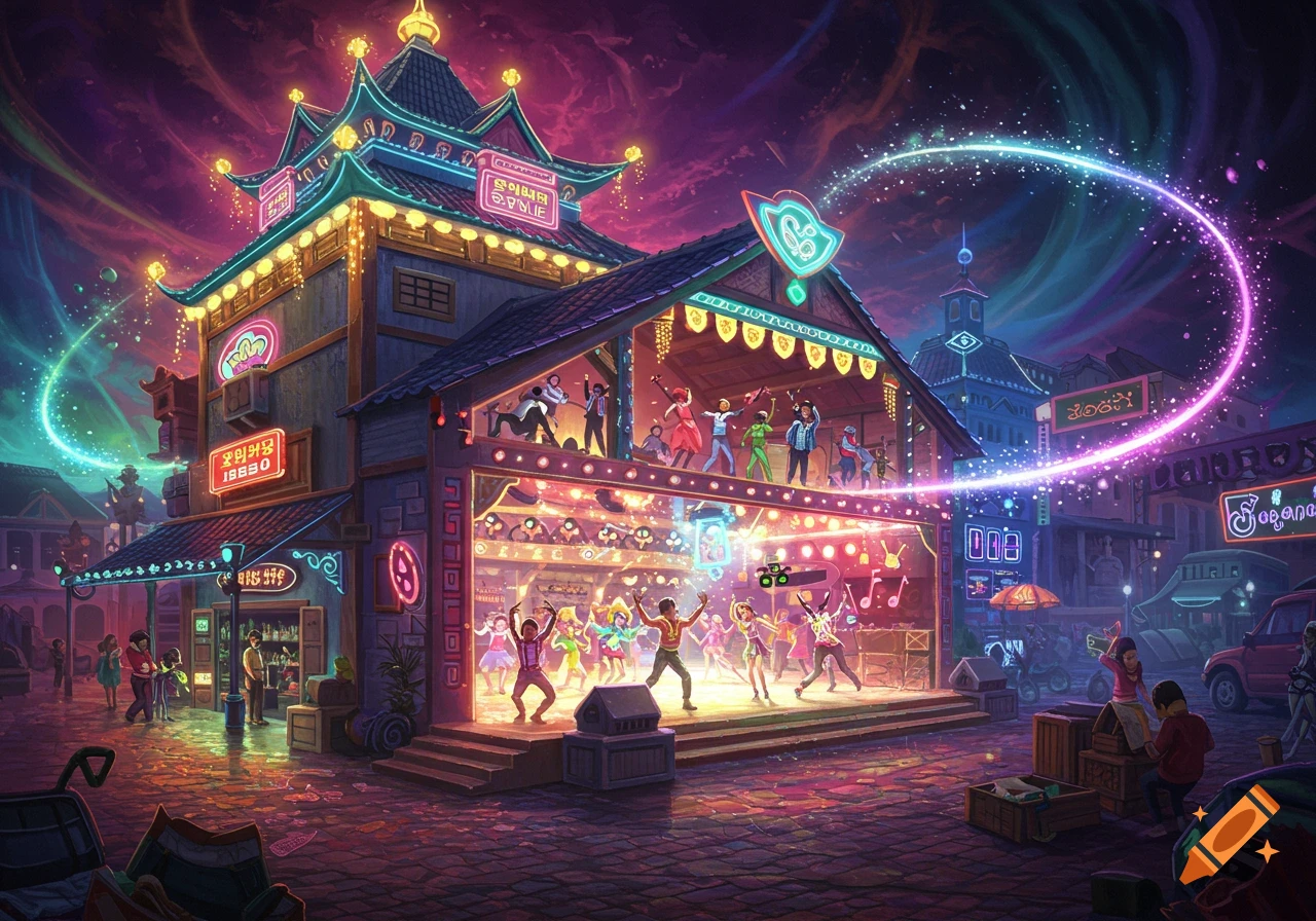 Vibrant building with dancers on a stage, illuminated by neon lights and a magical light trail under a colorful sky.