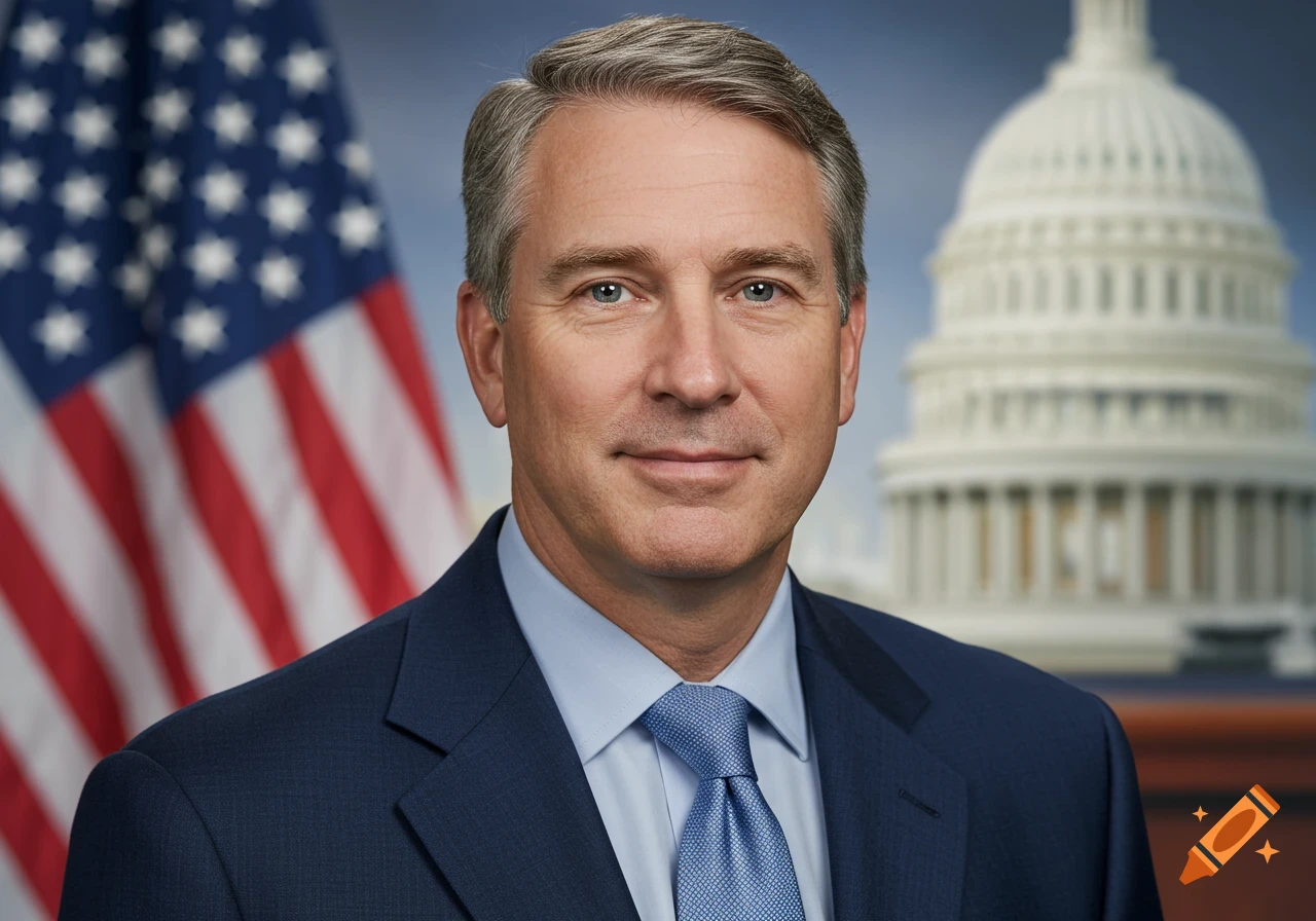 A man in a suit and tie stands in front of an American flag and the US Capitol building.