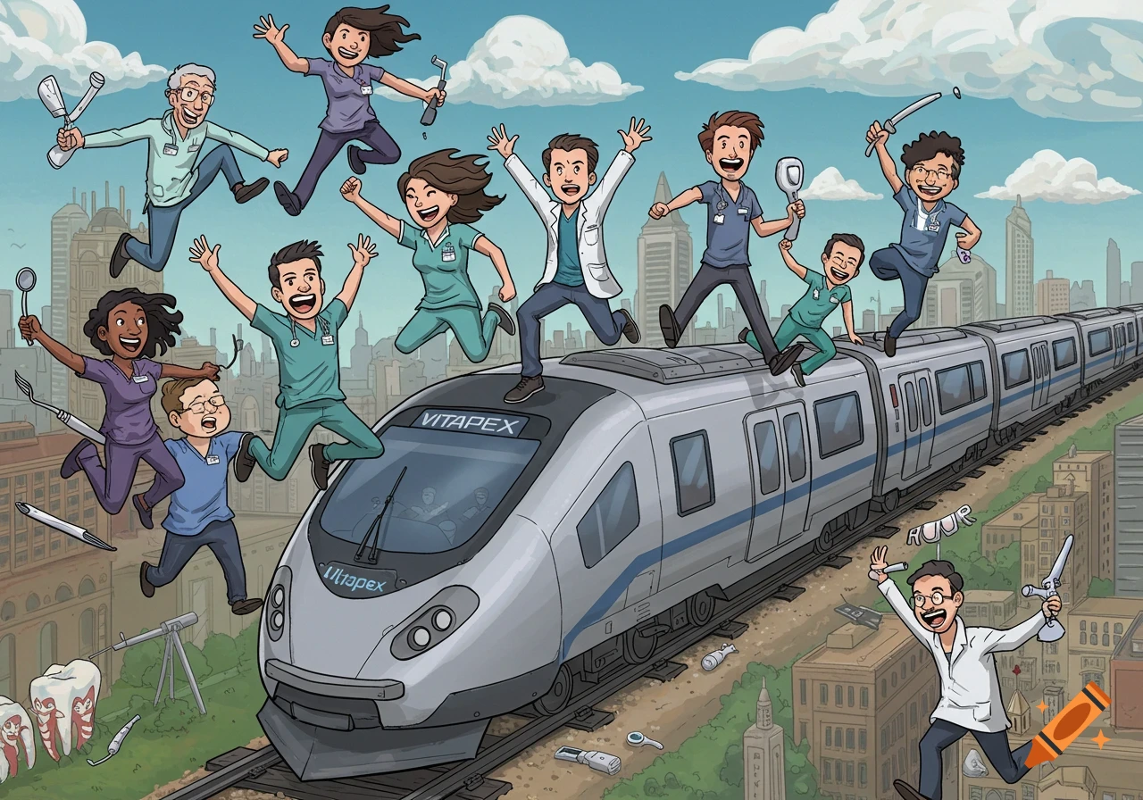 Cartoon illustration of happy endodontists jumping on and around a train speeding through a city.