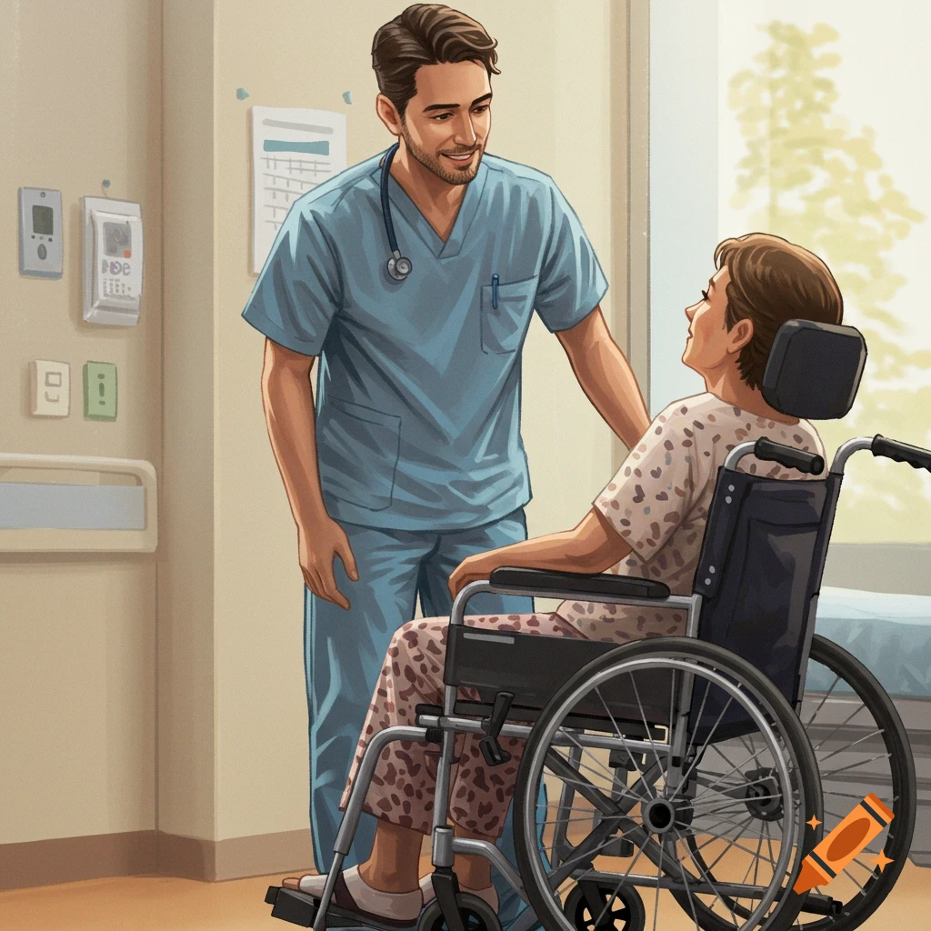 Illustration of a nurse standing next to a patient in a wheelchair in a hospital room.