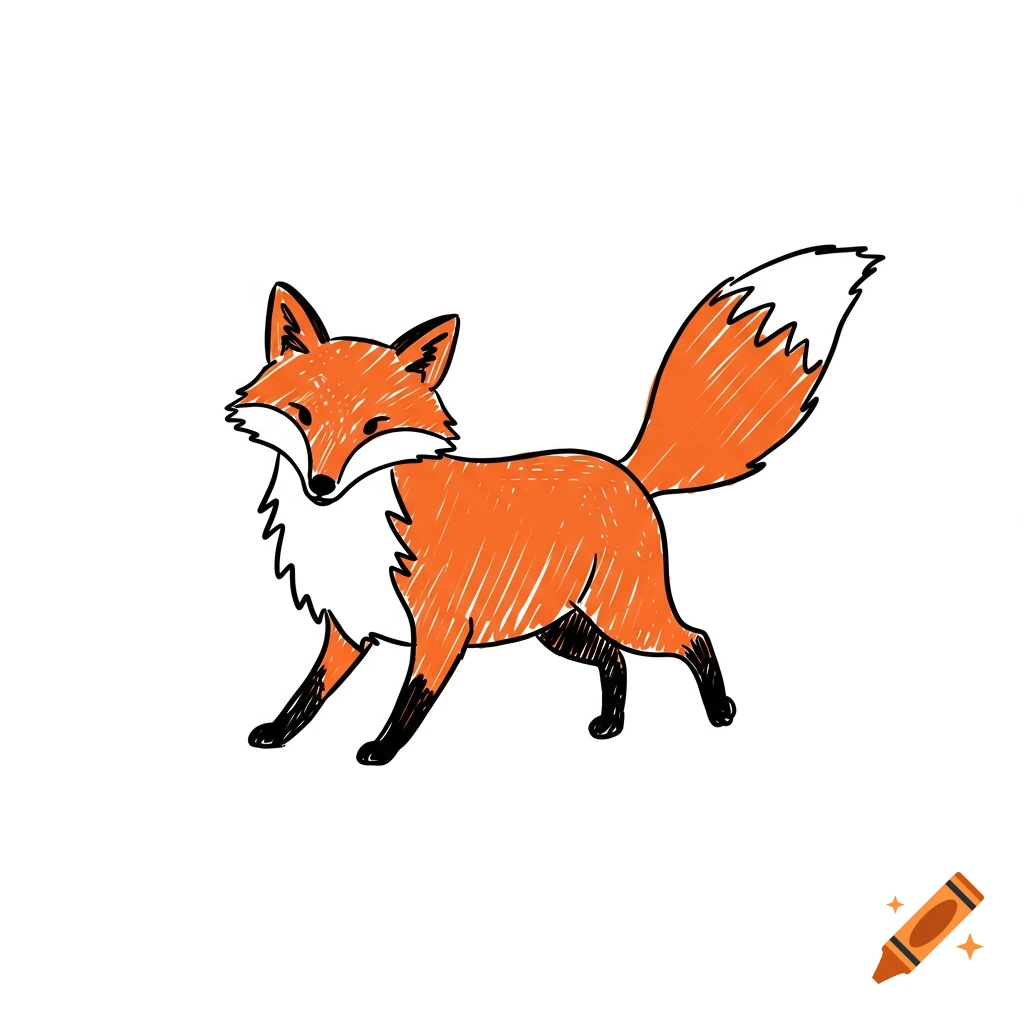 A doodle drawing of an orange fox standing.
