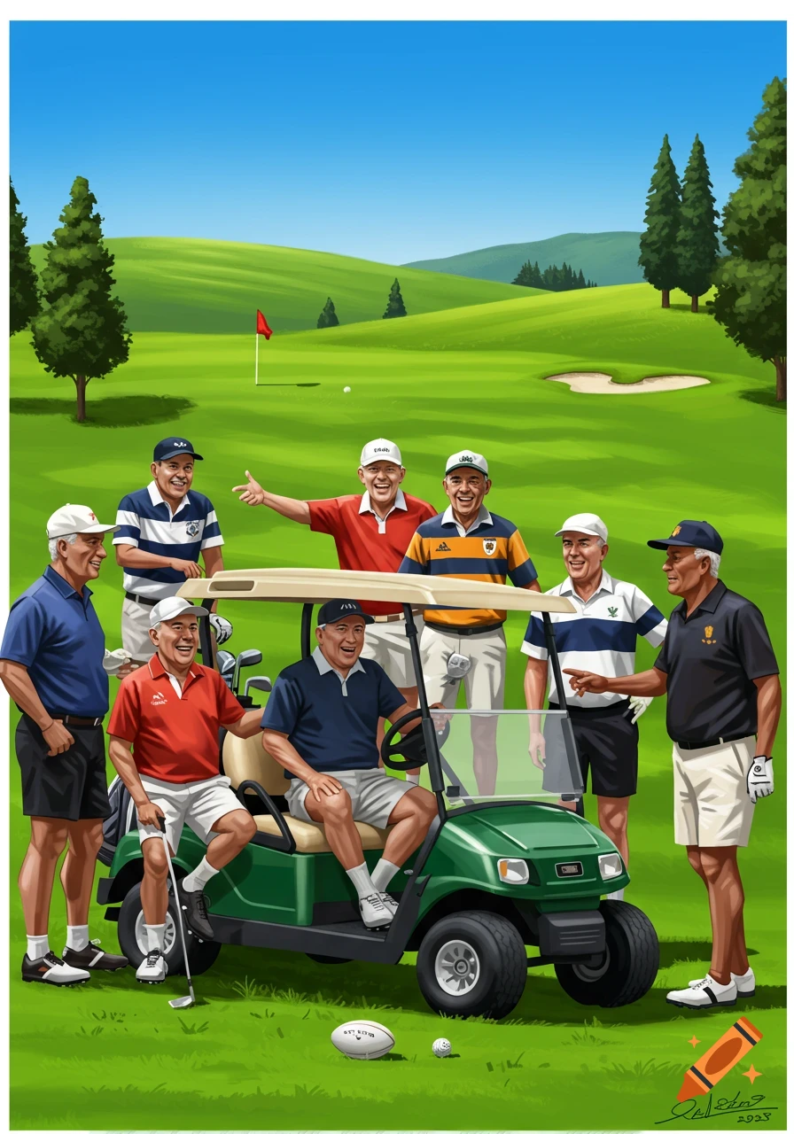 Illustration of a group of older men on a golf course, gathered around a golf cart, with a rugby ball in the foreground.