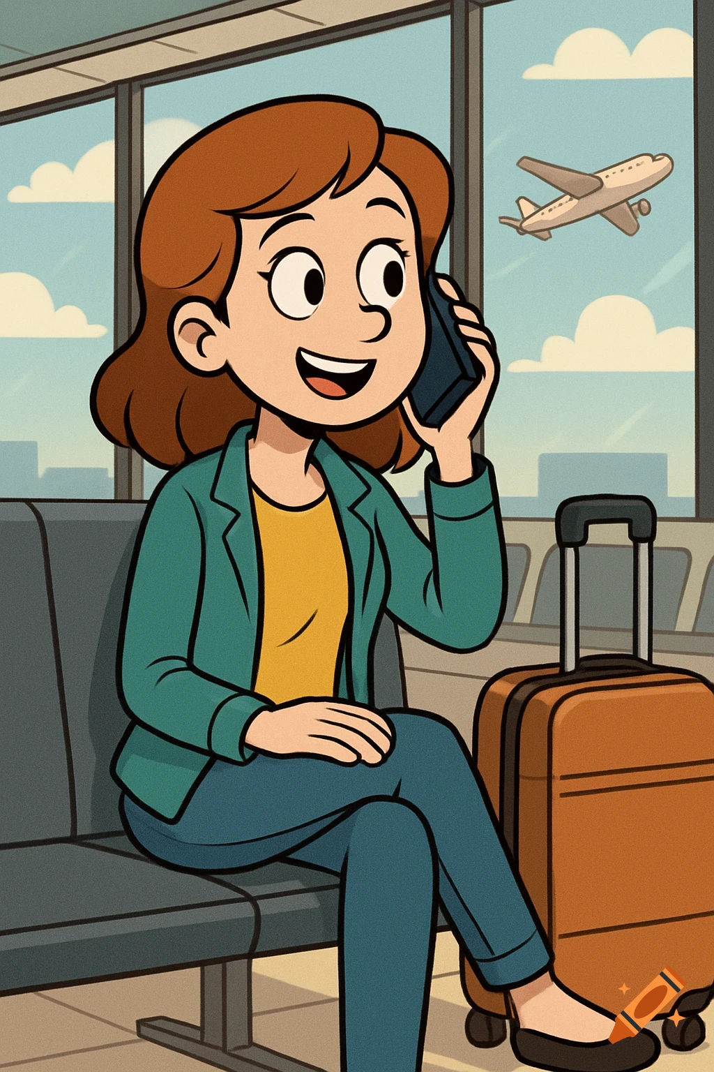 Cartoon woman sitting at airport talking on cell phone with suitcase and plane.