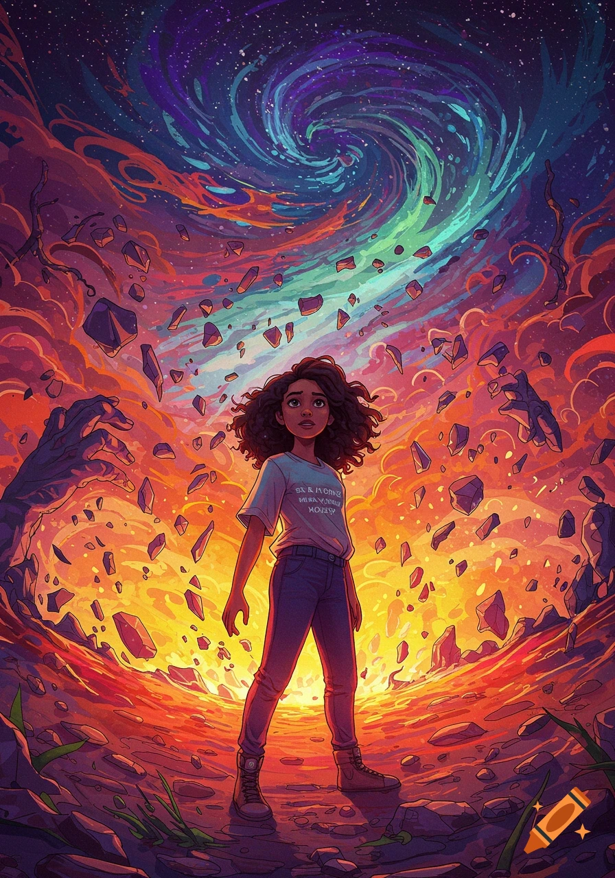 Illustration of a young person looking up at a cosmic vortex as debris and abstract shapes surround them in a vibrant, fiery landscape.