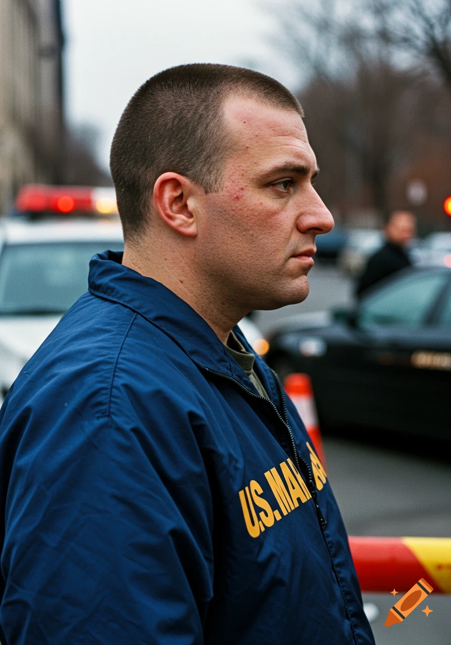 Profile of man in blue jacket with 'US. MA' text, standing near police barricade