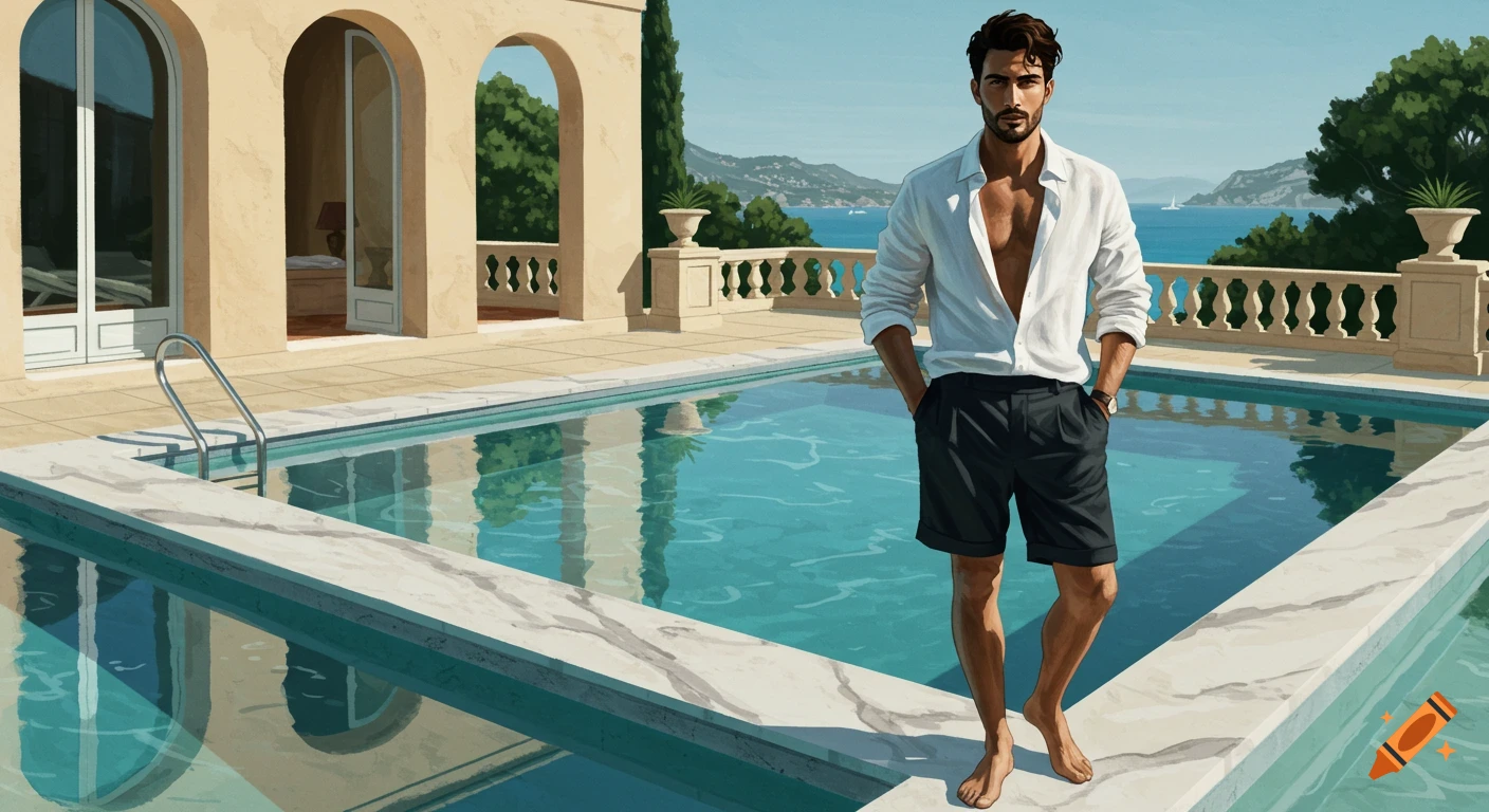 Illustration of a man in shorts and open shirt standing by a marble swimming pool in a sunny luxury villa.