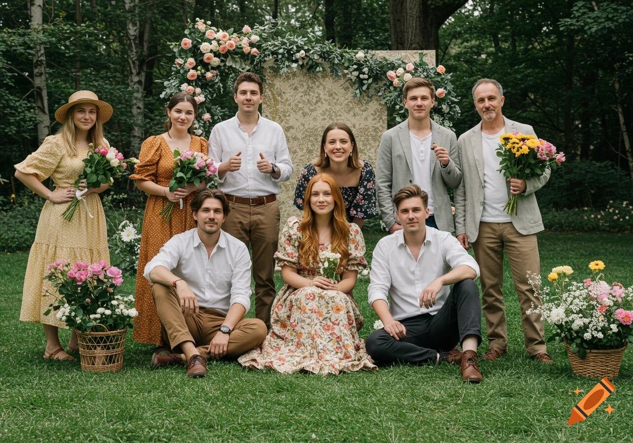 A group of people pose outdoors with flowers and a floral arch in the background.
