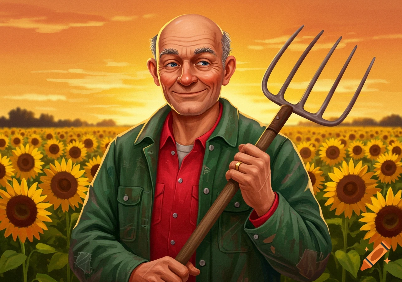 A bald farmer in a red shirt and green jacket stands in a field of sunflowers at sunset, holding a pitchfork and smiling.