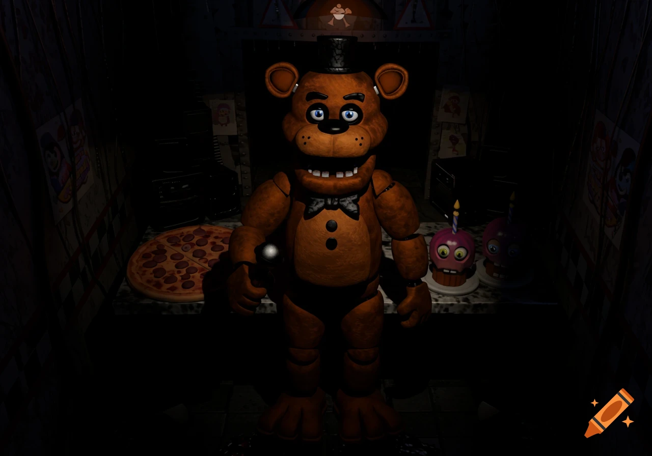 Freddy Fazbear stands in a dark pizzeria near a pizza and cupcakes.