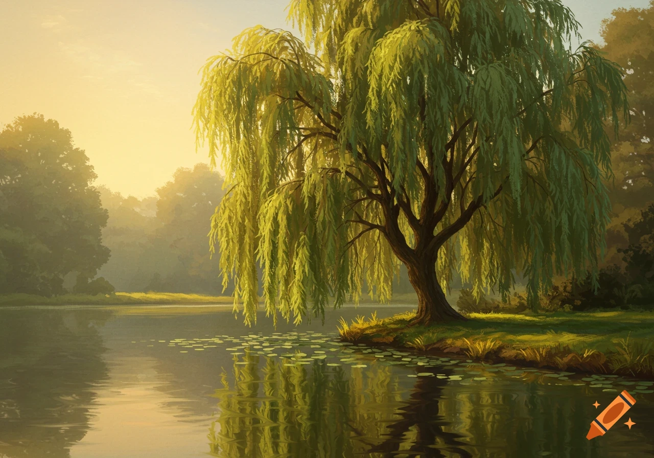 A large weeping willow tree stands by a lake under a warm sunset.