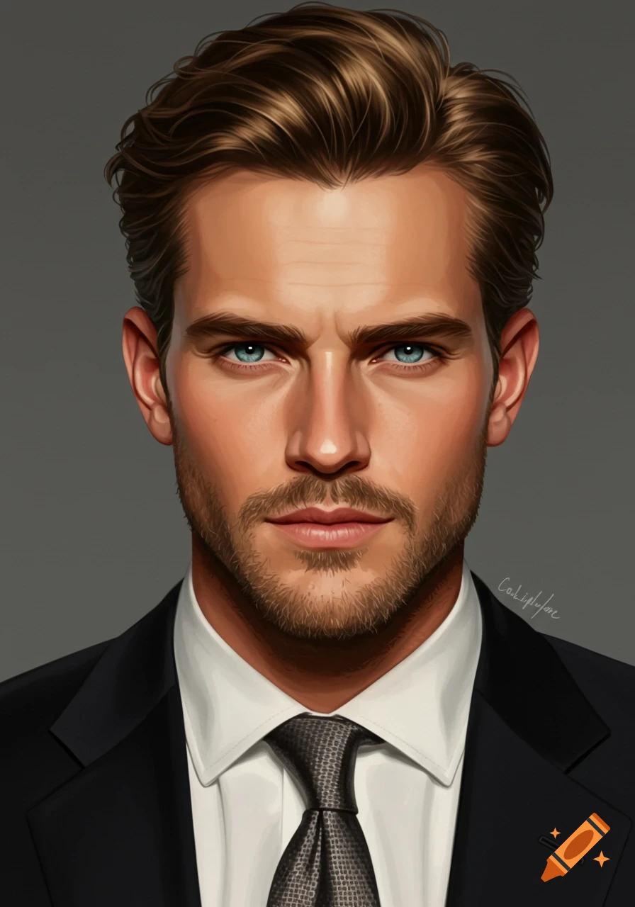 Digital painting portrait of a handsome man in a suit and tie