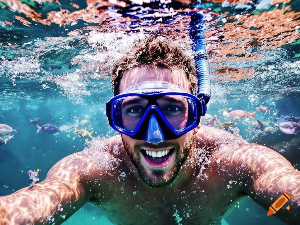 Man snorkeling underwater, taking a selfie with fish