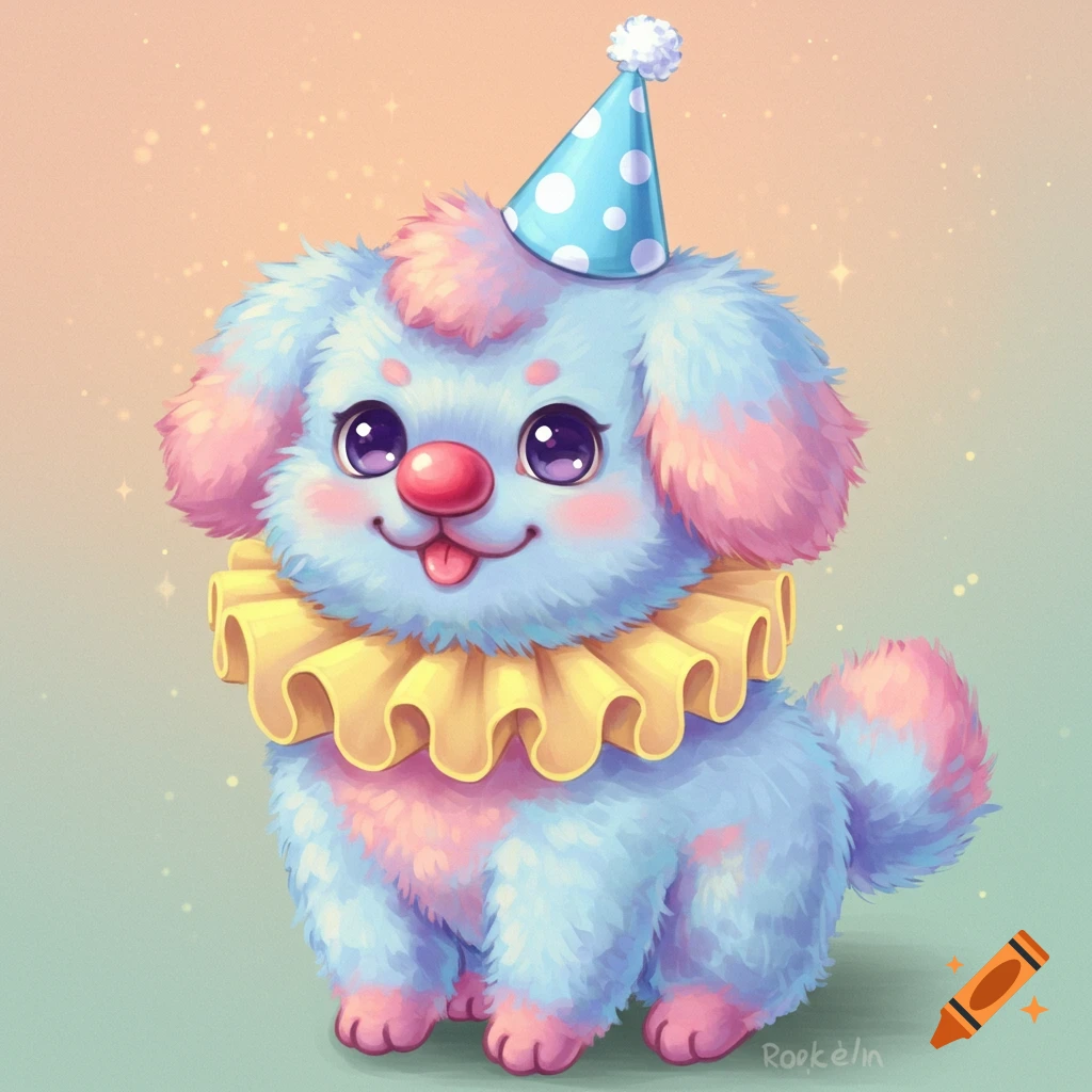 A cute pastel puppy creature in a clown collar and party hat.