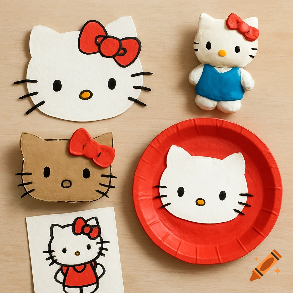 Hello Kitty crafts made from various materials on a wooden surface