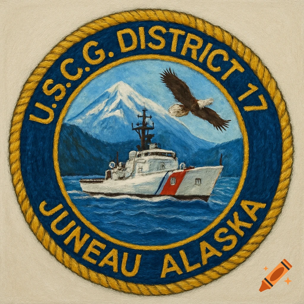 Round patch with a Coast Guard boat, mountain, eagle, and text 'U.S.C.G. DISTRICT 17 JUNEAU ALASKA'.