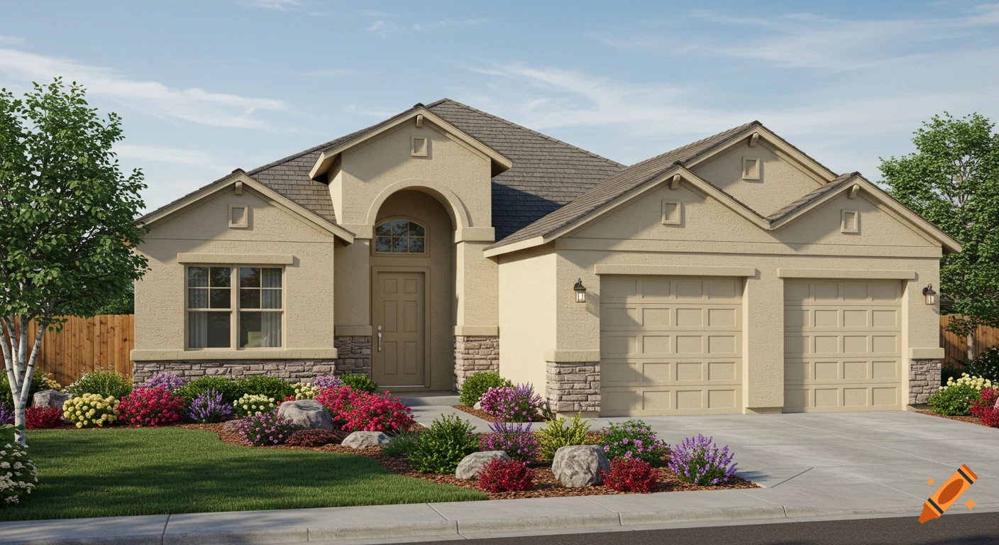 Photorealistic image of a single-story house with a two-car garage, stone accents, and colorful landscaping.
