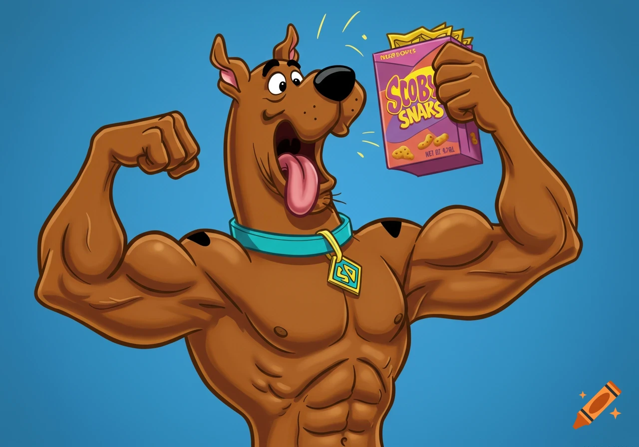 Cartoon Scooby-Doo flexing muscles and holding a box of Scooby Snacks.