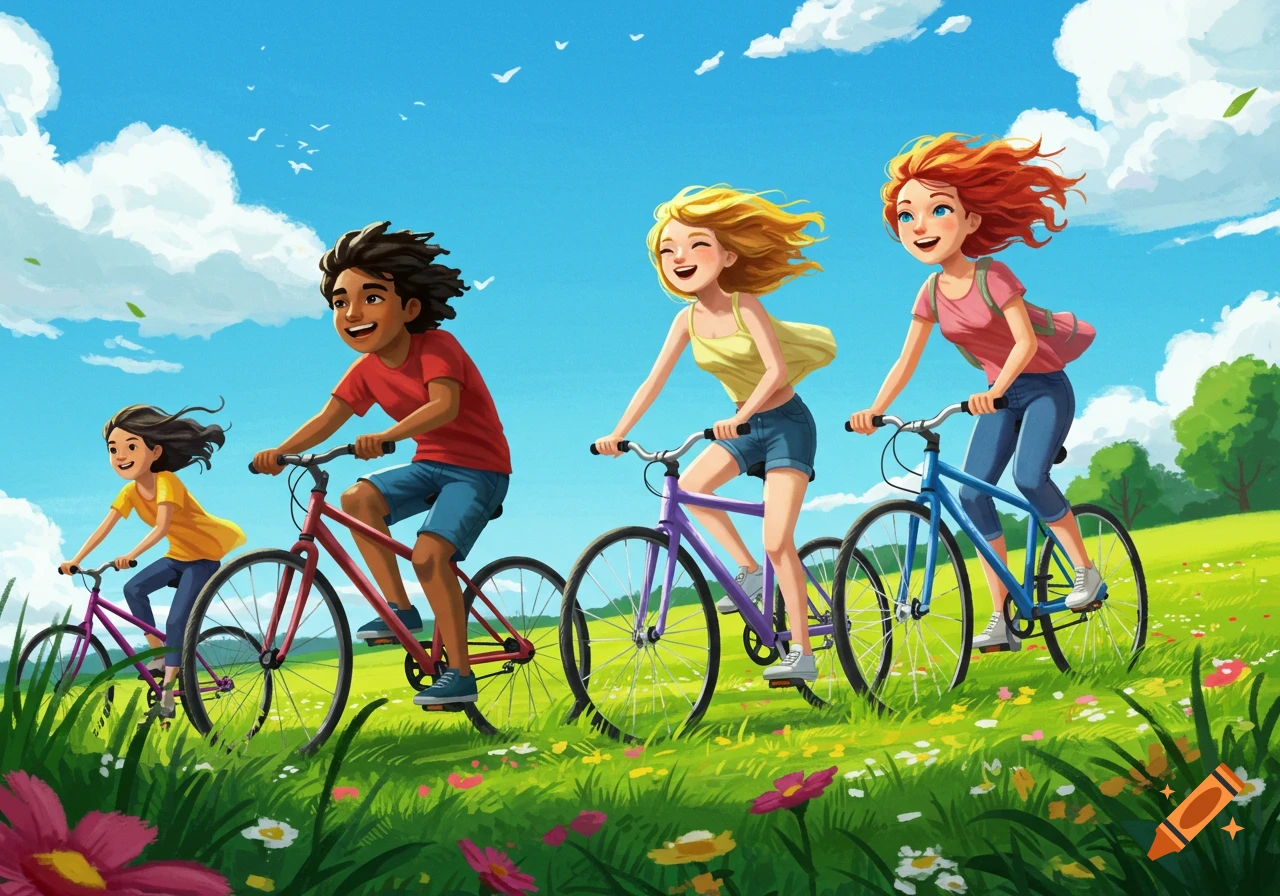 Cartoon illustration of diverse friends riding bicycles through a sunny, flower-filled meadow.