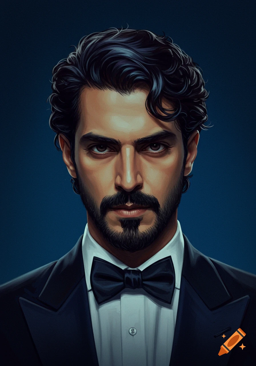 Illustrated portrait of a man in a tuxedo with dark hair and beard, looking intensely.