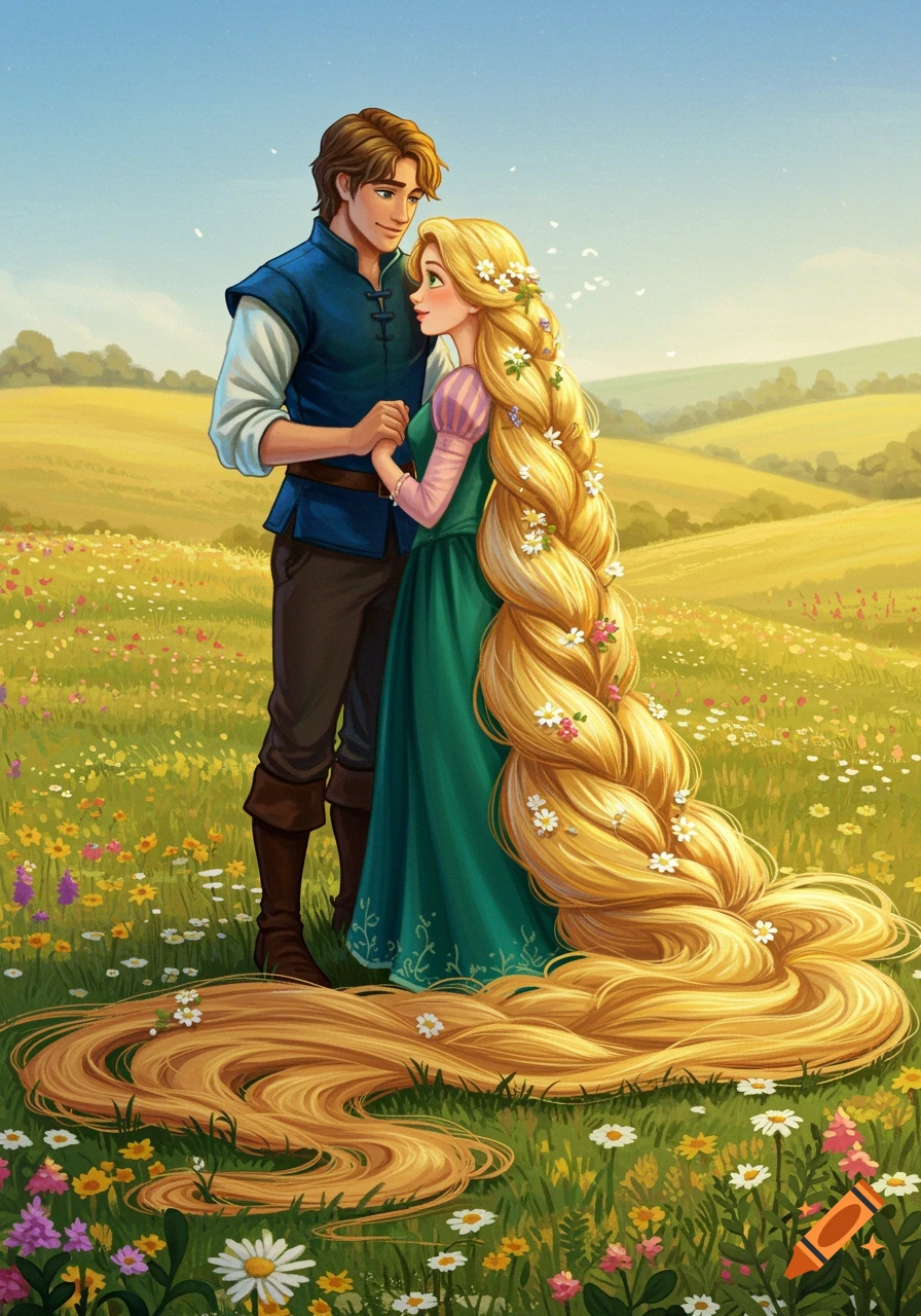 Illustration of Rapunzel and a prince holding hands in a field of flowers.