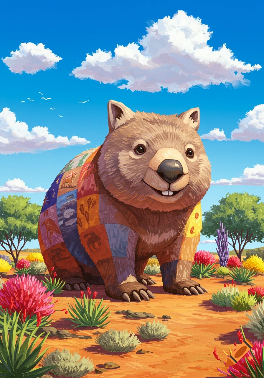 Illustration of a cartoon wombat wearing a colorful patchwork covering in a desert landscape under a blue sky.