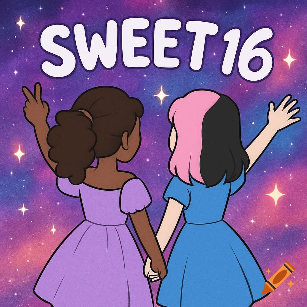 Cartoon of two girls in dresses looking at a galaxy with 'SWEET 16' text.