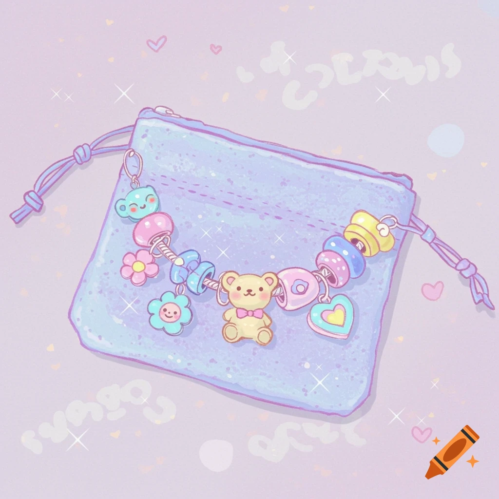 A charm bracelet with cute charms like a bear and flowers, on a pastel pouch in a soft, sparkly, hand-drawn style.