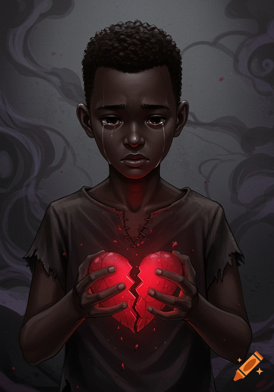 Illustration of a sad young Black boy holding a glowing, broken red heart.