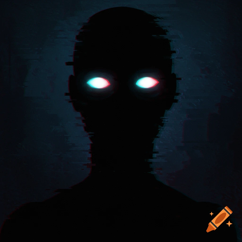 A dark, glitchy silhouette of a figure with eerie glowing white and red eyes against a dark blue background, styled like a '70s VHS tape.