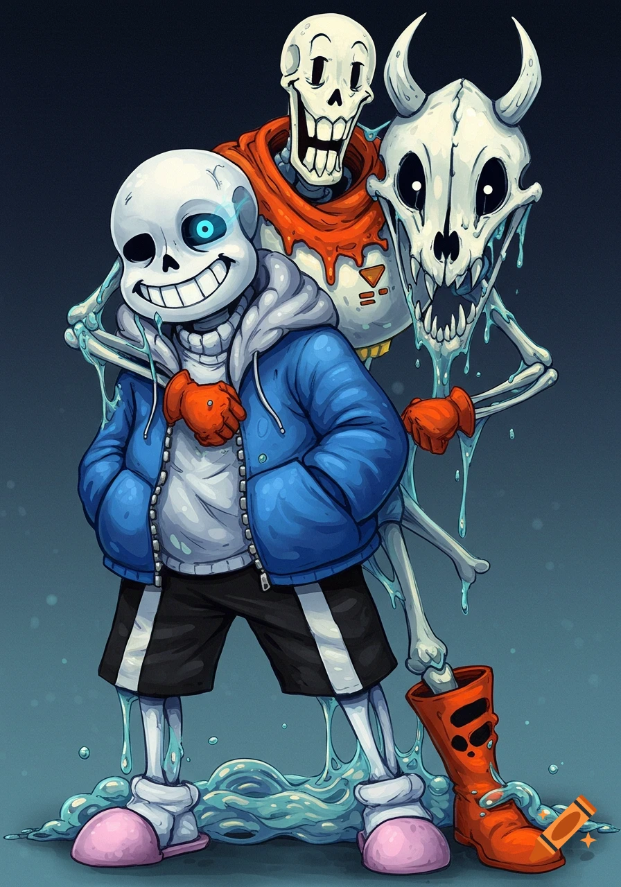 Stylized illustration of Sans and Papyrus from Undertale fused together as a melted amalgamate.