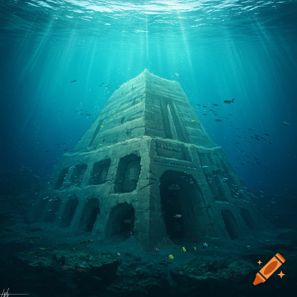Sunlight streams down on an ancient pyramidal structure submerged on the ocean floor, surrounded by schools of fish.