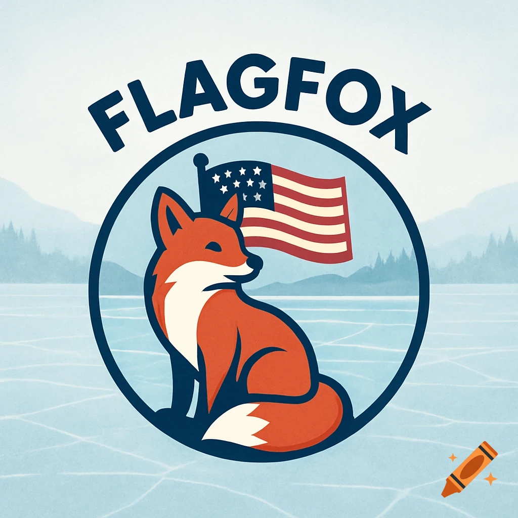 Logo with a cartoon fox and American flag inside a circle frame, text 'FLAGFOX' above, frozen lake background, graphic style.