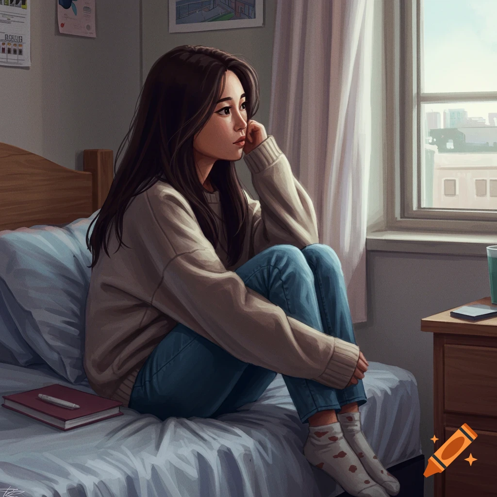 An illustration of a young woman sitting on a bed by a window, looking pensive.