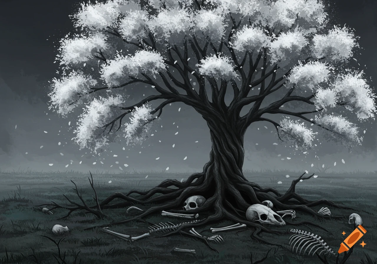 Dark fantasy illustration of a tree with white blossoms and roots entwined with skeletons and skulls.