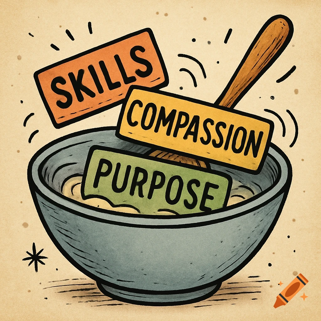 Illustration of a bowl with signs labeled 'SKILLS', 'COMPASSION', and 'PURPOSE' being mixed with a spoon.