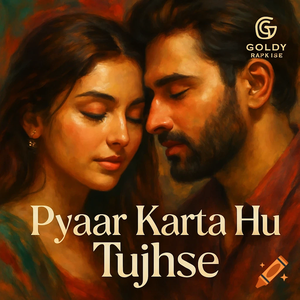 Painterly image of a couple embracing with eyes closed, with the text 'Pyaar Karta Hu Tujhse' and a logo.