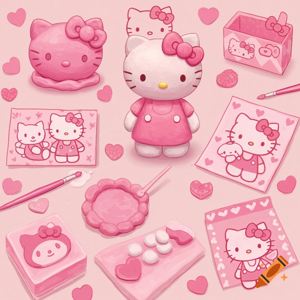 Pink Hello Kitty and My Melody craft supplies and figures