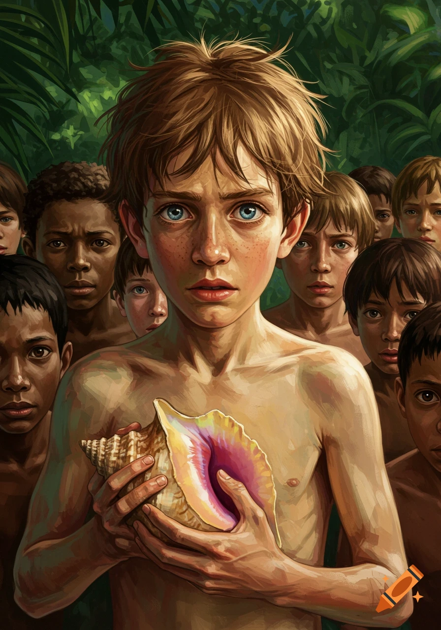 Digital painting of a young boy holding a conch shell, surrounded by other boys in a jungle.