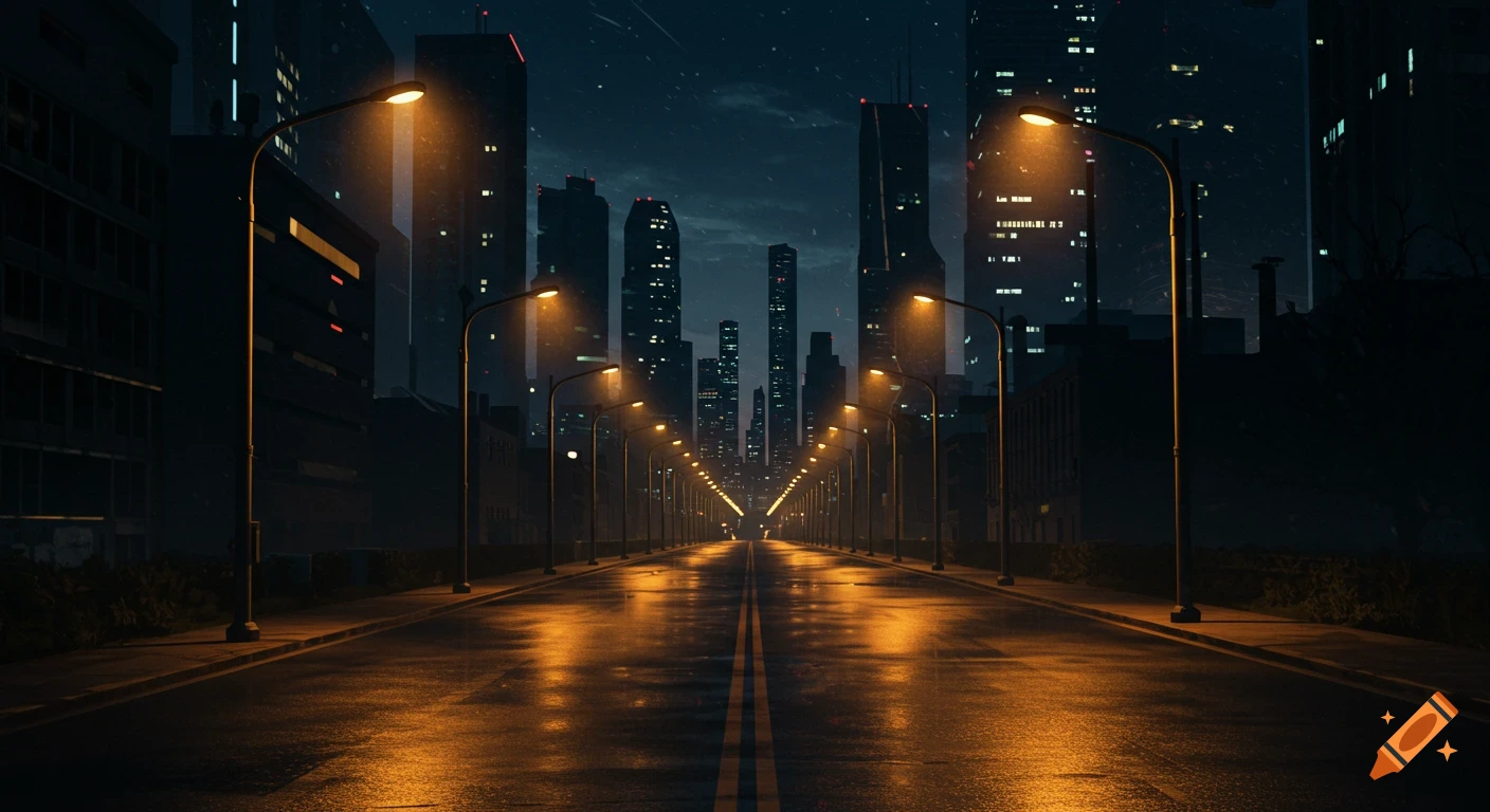 A wet city street lined with glowing streetlights leading towards tall buildings at night.