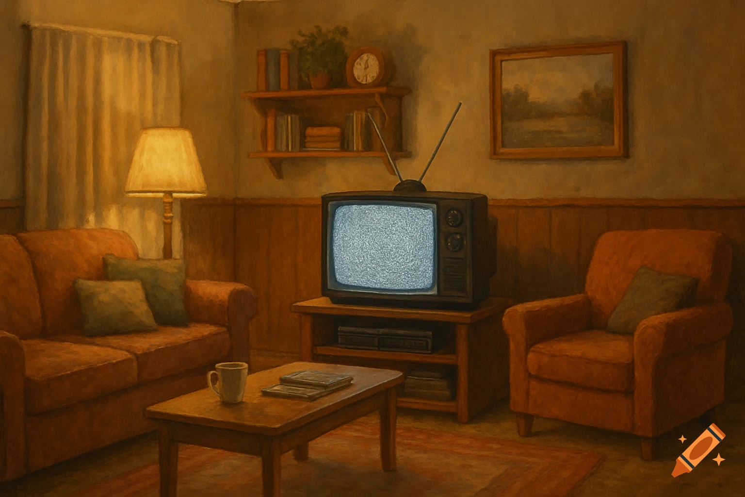 A cozy 80s living room painting with a static-filled television, sofa, and armchair.