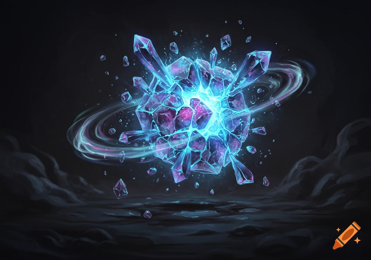 A glowing blue and purple shattered crystal floats above dark ground with surrounding energy and small crystal fragments.